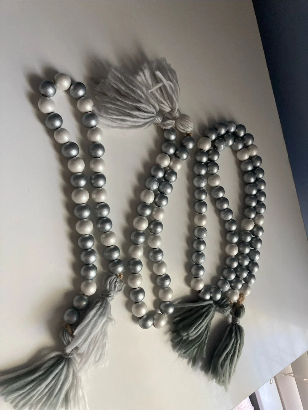 Handmade Farmhouse wooden Beads Garland Set of 3 Silver White Tassels